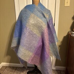 Elegant Plaid vintage mohair wrap - Blue, Purple, Gray. 51 inches by 72 inches